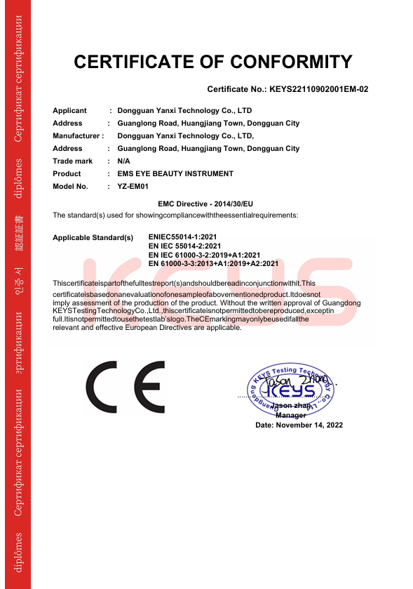 Yusezen EMS Göz Maskesi CE Uygunluk Sertifikası – EMC Direktifi (2014/30/EU)