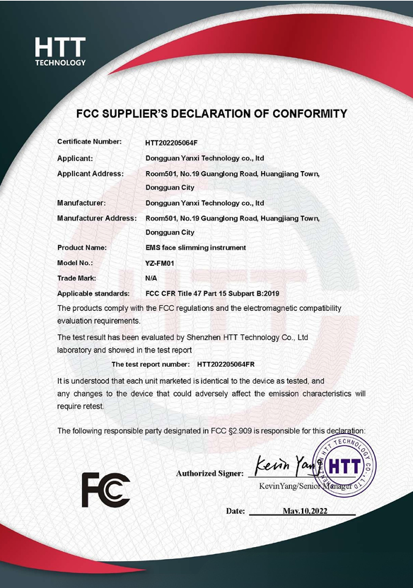 Yusezen EMS Yüz Maskesi FCC Uygunluk Beyanı – FCC CFR Title 47 Part 15 Subpart B (2019)