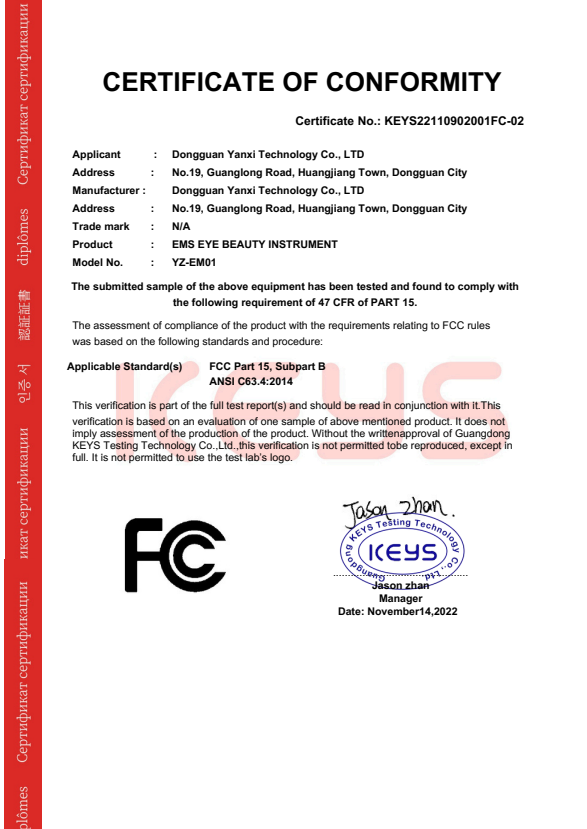 Yusezen EMS Göz Maskesi FCC Uygunluk Sertifikası – FCC Part 15 Subpart B (ANSI C63.4:2014)